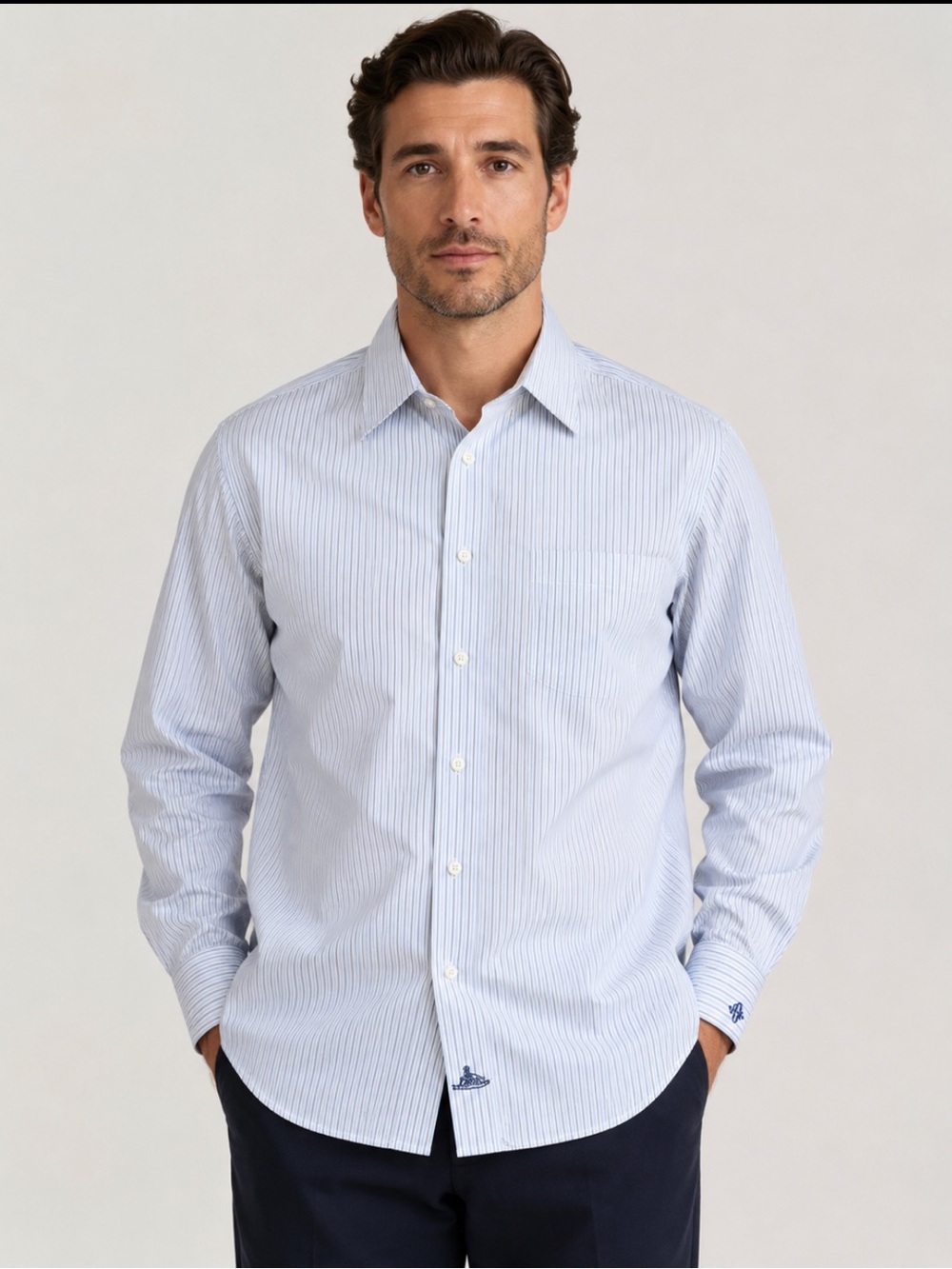 Holland & Sherry Bespoke Savile Row London Blue Stripe Dress Shirt 16 42 M
